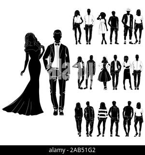 Set of trendy guys and girls vector. Fashionable man and woman vector. Fashionable young couples. Fashion concept vector black on the white background Stock Vector