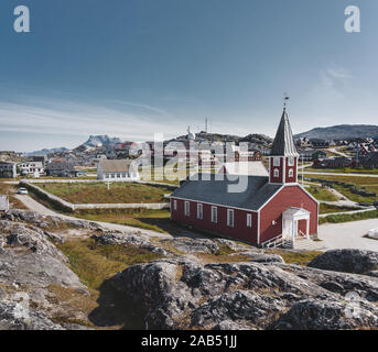 Nuuk Church Cathedral Annaassisitta Oqaluffia, church of our Saviour in Historical center of Nuuk. Capital of Greenland. Sunny day with blue sky Stock Photo