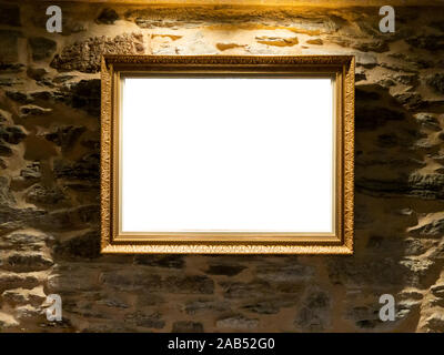 Blank picture hanging on an old rural wall and vintage frame Stock Photo