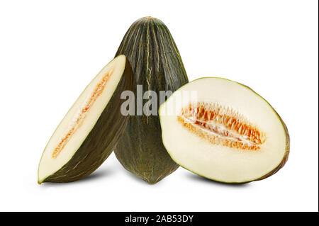 Delicious green tendral melon in cross-section, isolated on white background with copy space for text or images. Side view. Close-up shot. Stock Photo