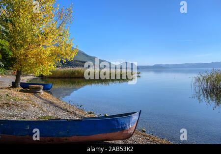 Autumn on the shore of Lake Ohrid near Peshtani in North Macedonia, Europe.