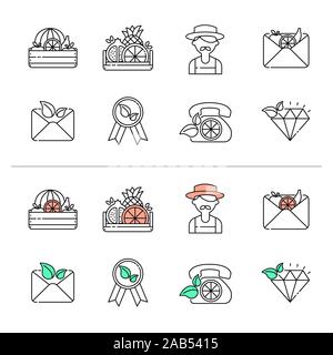 Agriculture farm. Growing plants and fruits. Colorful line vector icons collection. Web design elements for business, site, mobile app. Stock Vector