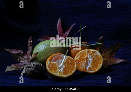 lemon and tangerine whole and open-face with maple leaf on a black and dark blue background Stock Photo