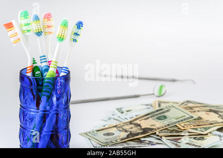 Toothbrushes and dentist set isolated on white background. Stock Photo