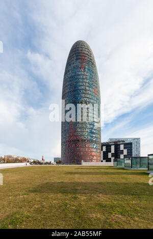 The Torre Agbar tower - Torre Glories skyscraper near Plaça de les Glòries Catalanes, Barcelona, Catalonia, Spain, designed by architect Jean Nouvel Stock Photo