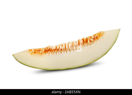 Slice of delicious green tendral melon in cross-section, isolated on white background with copy space for text or images. Side view. Close-up shot. Stock Photo
