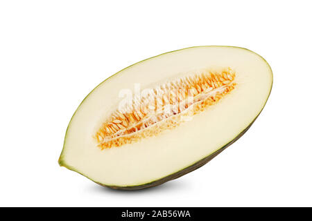 Half of delicious green tendral melon in cross-section, isolated on white background with copy space for text or images. Side view. Close-up shot. Stock Photo