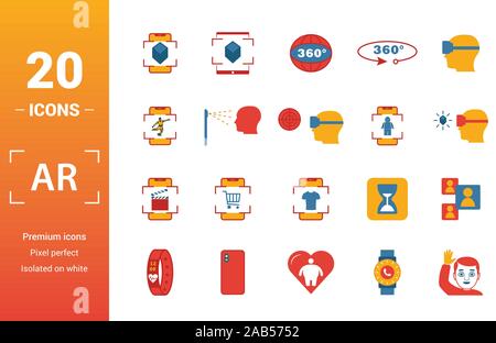 Ar And Vr icon set. Include creative elements augmented reality, 360 view, face recognition, augmented reality glasses, shopping icons. Can be used Stock Vector