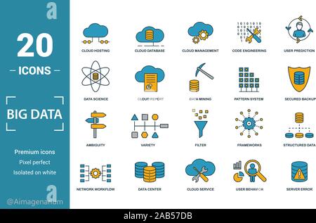 Big Data icon set. Include creative elements cloud hosting, cloud management, data science, pattern system, ambiguity icons. Can be used for report Stock Vector