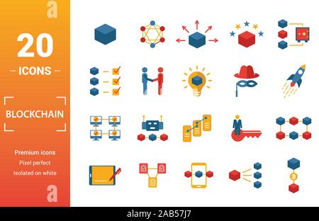 Blockchain icon set. Include creative elements block, distribution, confirmation, anonymity, protocol icons. Can be used for report, presentation Stock Vector