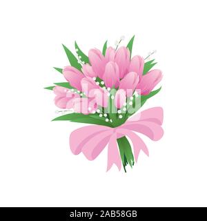 bouquet of pink tulips and lilies of the valley vector Stock Vector