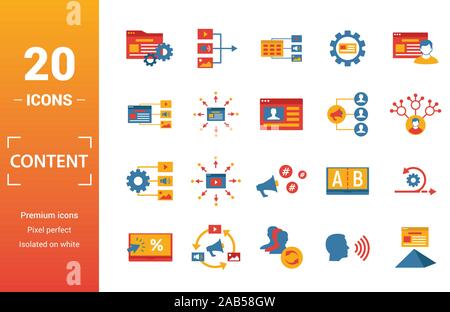 Content icon set. Include creative elements cms, content plan, digital content, viral marketing, media plan icons. Can be used for report Stock Vector