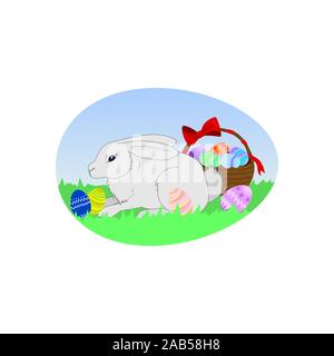 Easter bunny and Easter eggs in a basket vector Stock Vector