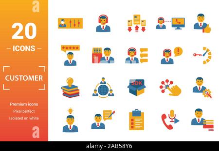 Customer Service icon set. Include creative elements agent console, case priority, satisfaction, helpdesk, knowledge base icons. Can be used for Stock Vector