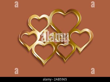 Valentine s Day. Photo frame. Golden hearts with the inscription love. 3D with a shadow. Vector illustration Stock Vector