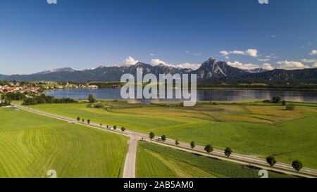 The Hopfensee near Füssen, in the background right the Säuling (2047 m), Allgäu, Swabia, Bavaria, Germany, Europe Stock Photo