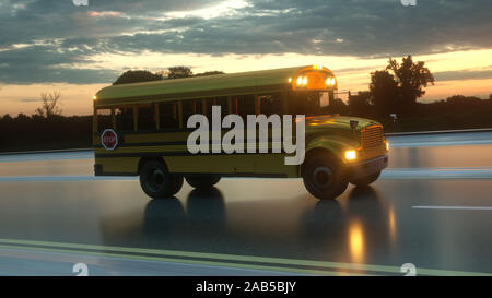 School bus driving on the road, concept of going back to school, 3d rendering. Stock Photo