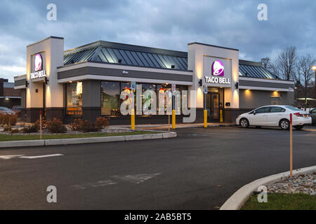 Whitesboro, New York - Nov 24, 2019: Taco Bell, a fast-food restaurant offering a Mexican inspired menu, serves has more than 5,800 locations. Stock Photo