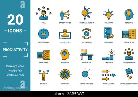 Productivity icon set. Include creative elements skill, time management, coffee break, work plan, daily tasks icons. Can be used for report Stock Vector