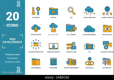 Web Development icon set. Include creative elements key search, seo, cloud storage, cloud management, network connection icons. Can be used for report Stock Vector