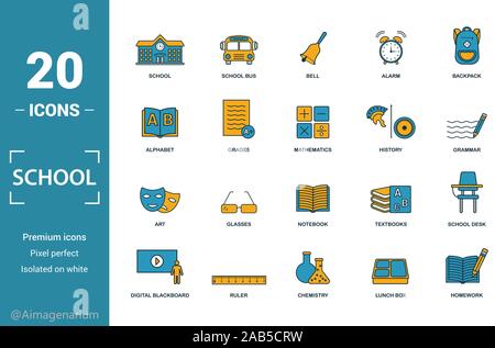 School icon set. Include creative elements school, bell, alphabet, history, art icons. Can be used for report, presentation, diagram, web design Stock Vector