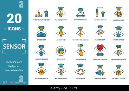 Sensor icon set. Include creative elements water quality sensor, smoke detector, gas, rain sensor, humidity sensor icons. Can be used for report Stock Vector