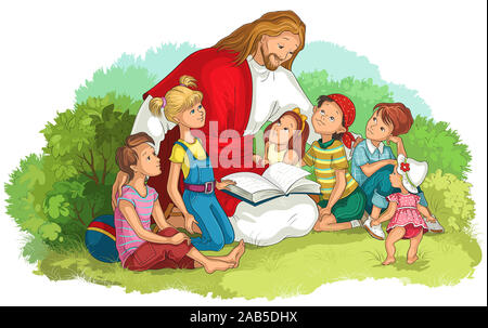 Jesus reading the Bible with Children isolated on white. Christian cartoon illustration Stock Photo