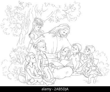 Jesus reading the Bible with Children coloring page. Christian cartoon black and white illustration Stock Photo