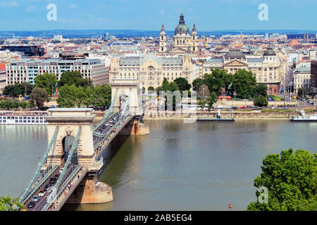 BUDAPEST, HUNGARY 29 JULY 2019: beautiful view of Chain Secheny Bridge over Danube River, Gresham Palace and Saint Stephen's Basilica from Buda Castle Stock Photo