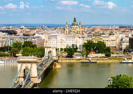 BUDAPEST, HUNGARY 29 JULY 2019: beautiful view of Chain Secheny Bridge over Danube River, Gresham Palace and Saint Stephen's Basilica from Buda Castle Stock Photo
