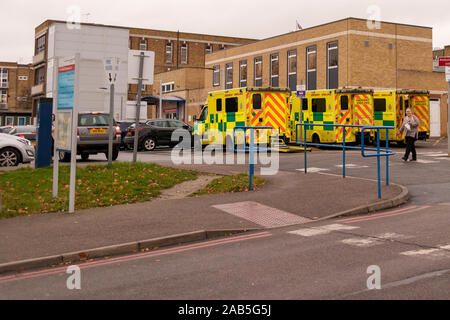 Ambulances outside accident and emergency at Southend University Hospital. Southend, Essex, UK Stock Photo