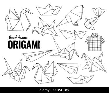 Origami hand drawn vector set, folder paper art animals shapes isolated on white background Stock Vector