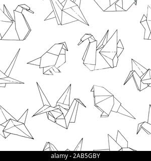 Origami birds shapes vector seamless pattern, hand drawn folder paper japan art animals background: crane, swan, dove, parrot Stock Vector