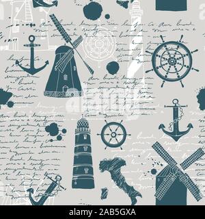 Vector abstract seamless pattern, theme of travel and adventure, old manuscript, text, lighthouses, wind mills, ship wheels, anchors and other nautica Stock Vector