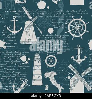 Vector abstract seamless pattern, theme of travel and adventure, old manuscript, text, lighthouses, wind mills, ship wheels, anchors and other nautica Stock Vector