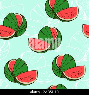 Watermelon seamless vector pattern, fruit background with hand drawn watermelon sketch Stock Vector