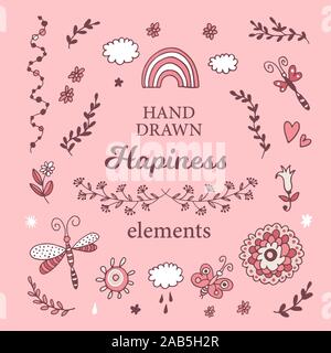 Decorative design set with vector hand and floral elements, flowers and leaves, love card doodle collection in hand drawn style Stock Vector