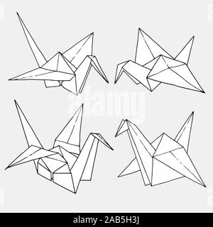Origami birds crane shapes vector set, hand drawn folder paper art color animal illustration isolated on white background Stock Vector