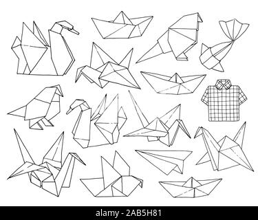 Origami hand drawn vector set, folder paper art animals, birds, boats, planes shapes isolated on white background Stock Vector