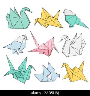 Origami birds shapes vector set, hand drawn folder paper art color animal illustration isolated on white background: crane, swan, dove, parrot Stock Vector