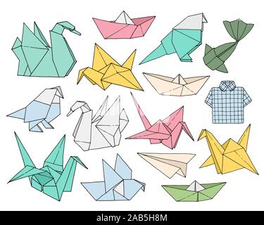 Origami hand drawn vector set, folder paper art color animals, birds, boats, planes shapes isolated on white background Stock Vector
