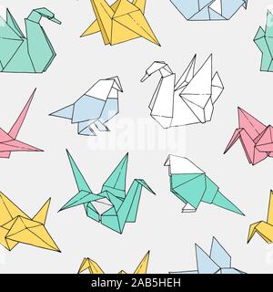 Origami birds shapes vector seamless pattern, hand drawn folder paper japan art color animals background: crane, swan, dove, parrot Stock Vector