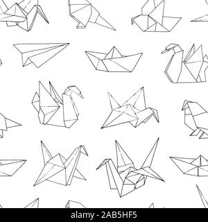 Origami shapes vector seamless pattern, hand drawn folder paper japan art animals, birds, boats, ships, planes background Stock Vector