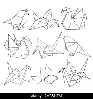 Origami birds shapes vector set, hand drawn folder paper art color animal illustration isolated on white background: crane, swan, dove, parrot Stock Vector