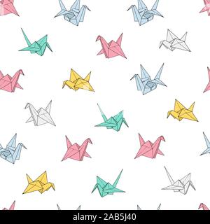 Origami birds crane shapes vector seamless pattern, hand drawn folder paper japan art color animals background Stock Vector