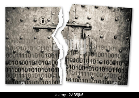 Violation of the secret code file - concept image with binary code agaist an old rusty metal door Stock Photo