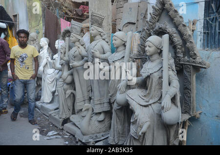 Clay idols of Goddess during Saraswati puja in Kolkata, India. February 2, 2014. Stock Photo