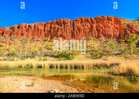 Permanent waterhole of Glen Helen Gorge in West MacDonnell Ranges, Northern Territory in Australian Outback along Red Centre Way. Stock Photo