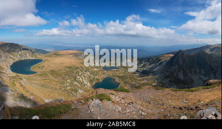 The seven Rila Lakes in the mountains of Bulgaria during a sunny day in September. Stock Photo