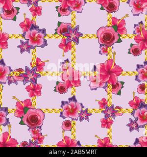 Pink rose and lily floral pattern with golden chains. - illustration Stock Vector